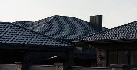 The image captures the unique rooftops of contemporary houses, showcasing distinct textured tiles and architectural features against a clear sky.の写真素材