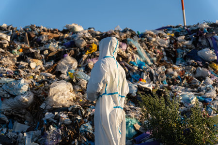 Dressed in protective gear, a worker surveys a massive heap of refuse under a clear blue sky,...