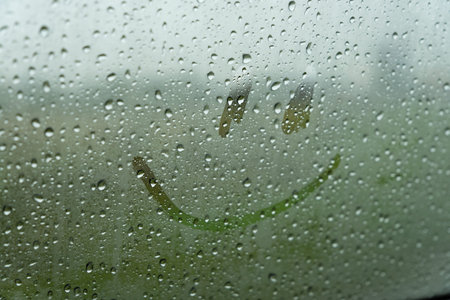 Raindrops create a dreamy backdrop as a playful smile emerges on the glass, mixing joy with the...