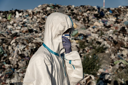 A person dressed in protective clothing and gloves examines a vast area filled with waste. The worker stands amidst piles of garbage, highlighting environmental concerns.の写真素材