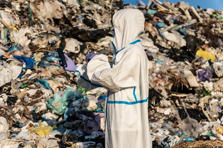 A scientist is standing on a garbage dump. Pile of garbage. City landfill. Household waste garbage.の写真素材