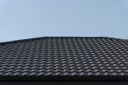 The roof showcases a seamless arrangement of metallic tiles glistening under the clear blue sky, emphasizing elegance and durability in modern architecture.の写真素材