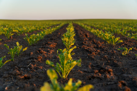 Sugar beet seedlings thrive in neat rows across the rich, dark soil of farmland, basking under the warm glow of the setting sun, indicating healthy crop growth and cultivation.の写真素材