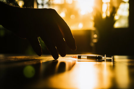 A hand extends toward a syringe resting on a wooden surface, illuminated by warm sunlight. The juxtaposition highlights the dangerous path of addiction and the beckoning danger of narcotics. Generative AI.の素材