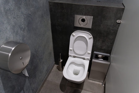 This modern restroom showcases a clean toilet in a minimalistic design. The sleek walls and neatly...