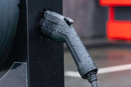 A close-up of a wet charging cable at an electric vehicle charging station, highlighting modern...