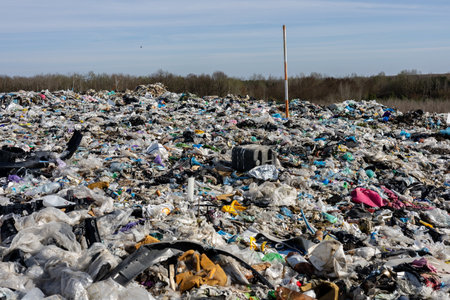 Garbage and plastic waste fill the landfill, showcasing the ongoing pollution and challenges in waste management near populated regions.の写真素材