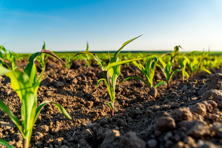 Small corn plants at sunset. Corn grows in an agricultural field.の写真素材