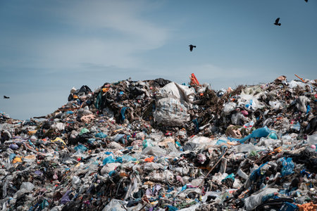 Trash piles in landfill. Gulls over a pile of garbage.