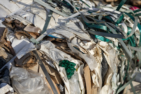 Stacks of shredded cardboard and plastic waste are processed together, creating a tangled mass under bright afternoon sunlight.の写真素材