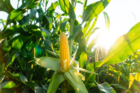 A selective focus picture of corn cob in organic field. A beautiful cob of corn hangs on the stalk. Yellow fresh cob of corn grown in the field.の写真素材
