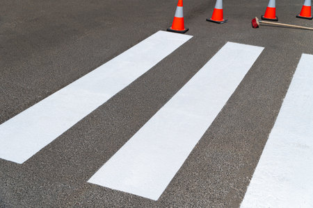 Painting a pedestrian crosswalk. Road is fenced with special cones. Road repair.の写真素材