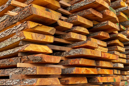 A variety of wooden planks are stacked in a lumber yard, showcasing different textures and colors...