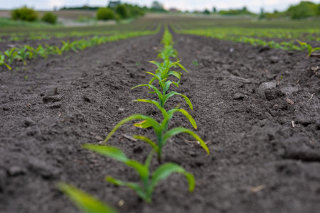Young corn plants sprout from the dark soil in a rural field, highlighting the beginning of the...