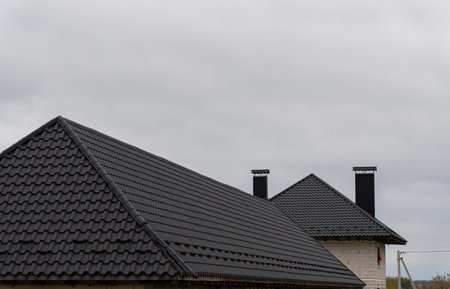 Rooftops covered with metallic tiles showcase a sleek design, contrasting against an overcast sky at a suburban location.の写真素材