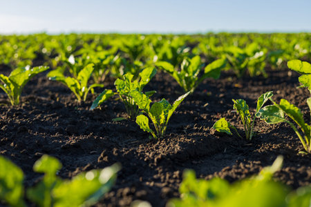 Young sugar beet plants thrive in a well-tended field under clear blue skies, showcasing vibrant...