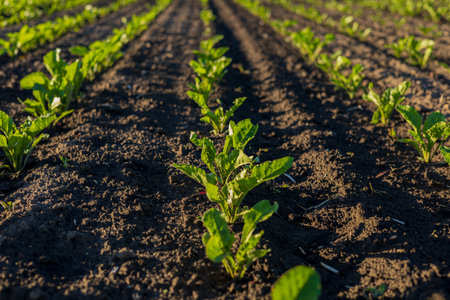 Young sugar beet plants thrive in neat rows in a rich, dark soil field under clear skies, indicating...