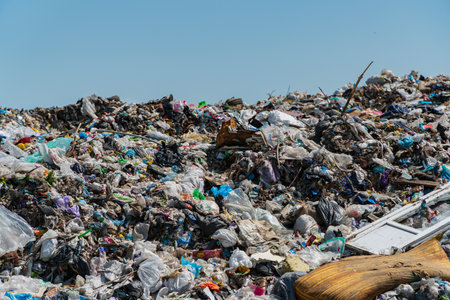 Piles of garbage and plastic debris cover the landfill, emphasizing ongoing waste management issues and the impact on the environment.の写真素材