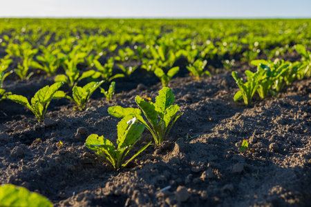 Rows of young sugar beet plants emerge from the dark soil, basking in sunlight on a thriving agricultural field.の写真素材