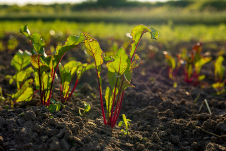 Vibrant sugar beet plants thrive in rich, dark soil while bathed in warm sunlight, showcasing growth...