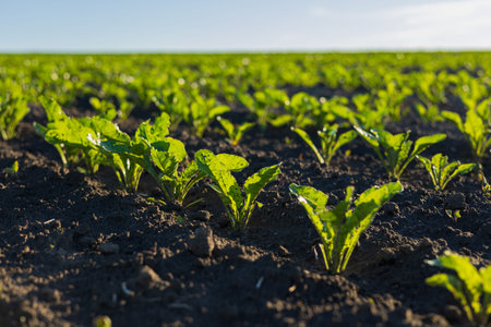 Bright green sugar beet seedlings stretch upwards in rich dark soil, basking in sunlight on a warm...