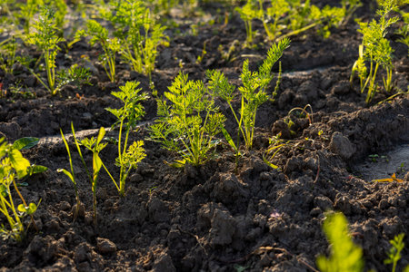 Carrot plants with bright green tops are thriving in well-tilled soil, soaking in the warm sunlight...