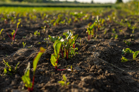 In a lush garden, young beetroot seedlings emerge from the rich soil, soaking up sunlight and...