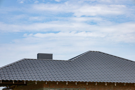 Metallic tiled rooftop showcases durable roofing materials under a clear blue sky, highlighting...