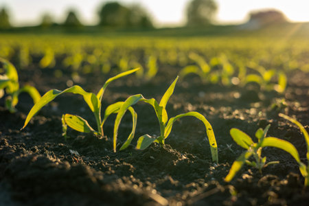 Green corn shoots rise from rich soil under the warm afternoon sun in a vibrant agricultural...