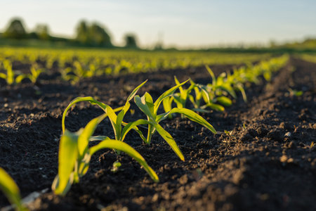 Green corn seedlings rise from fertile soil, stretching toward the sunlight in a thriving...
