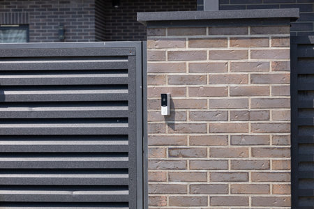 A contemporary intercom system is mounted on a textured brick wall next to a slatted gate in a...