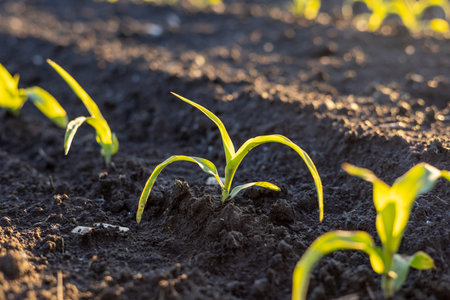 Newly sprouted corn plants stand tall in freshly tilled earth, illuminated by the soft light of dawn...