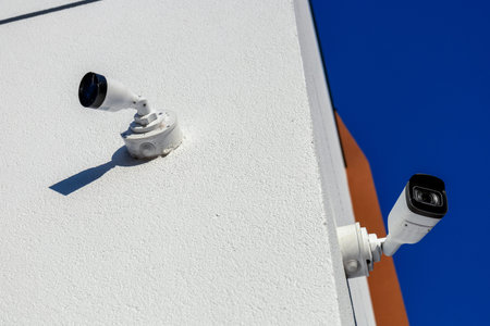 Two security cameras are installed on the corner of a contemporary building, monitoring the...