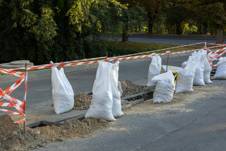 Construction crew restricts access to a street with sandbags and caution tape while repairs are underway, surrounded by greenery.の写真素材