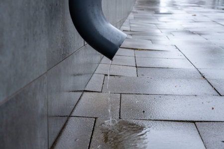 Grey rain gutter pipe drips clear water onto wet concrete pavement tiles. Rainy urban street ground...