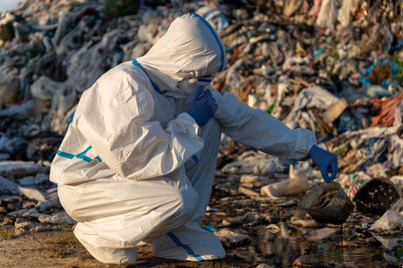 A worker in a protective suit crouches in front of a landfill, inspecting waste while the sun sets in the background, focusing on pollution.の写真素材