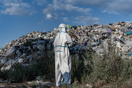 A worker in a protective suit studies a massive pile of garbage at a landfill site, highlighting the...