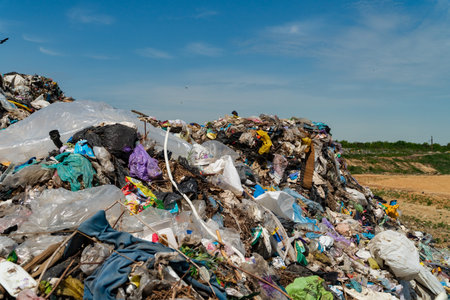 Trash accumulates in a landfill site, revealing the ongoing issue of waste management and...