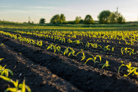 Young corn sprouts emerge in neat rows on a fertile field, soaking up sunlight as they begin their...
