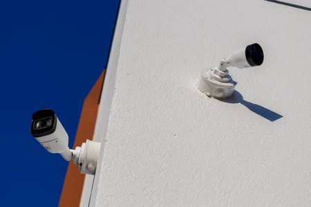 Two security cameras are installed on a white wall, providing surveillance and protection in a clear...