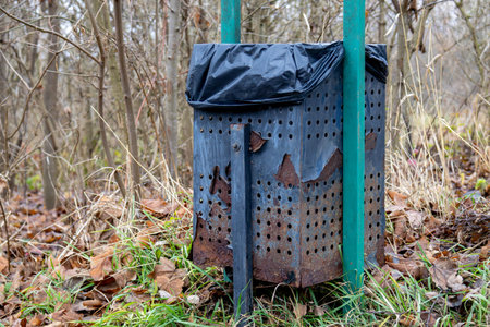 An old trash bin covered with a black bag stands in a forest clearing, surrounded by dried leaves...