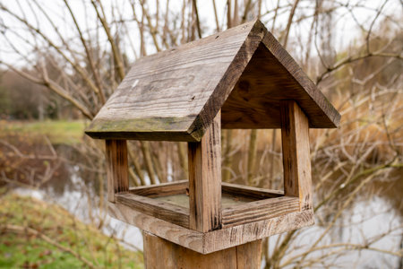 A wooden bird feeder is placed on a post next to a pond surrounded by bare branches and autumn scenery.の写真素材