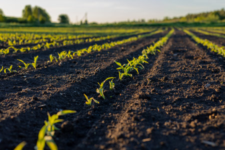 Young plants grow in neat rows on dark soil as the sun sets in the background of a rural field.