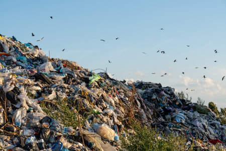 A large garbage landfill site shows piles of waste under a clear blue sky with birds flying overhead in the distance.