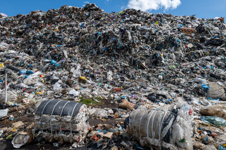 This scene features a large garbage dump in the city with piles of waste. Trash bins sit at the front amid the refuse.
