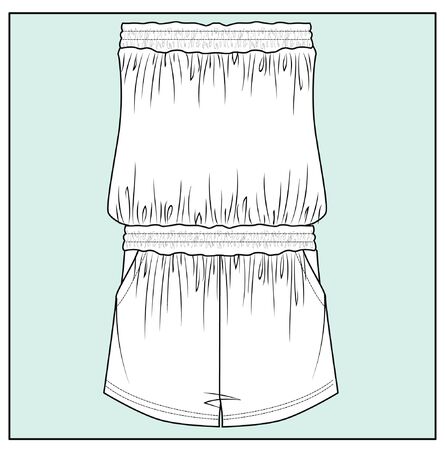 shirred jumpsuit flat sketch, apparel templateのイラスト素材