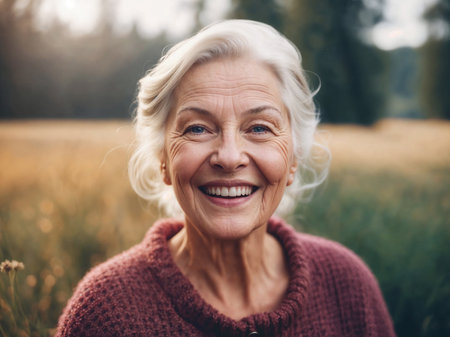 Close-up portrait of gorgeous happy senior lady. Highly detailed image.の素材