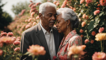 Romantic portrait of gorgeous elderly black couple in a flower garden. Highly detailed imageの素材