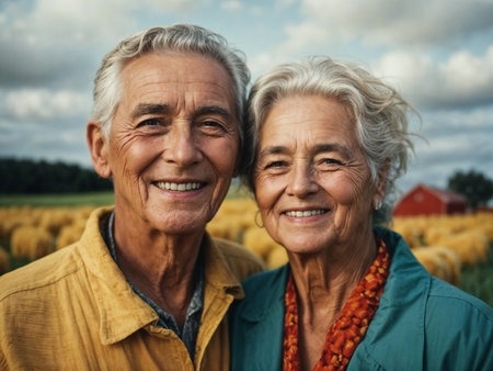 Portrait of happy senior couple standing in field and looking at cameraの素材