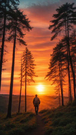 Man walking on the trail in the forest with beautiful sunrise in the backgroundの素材